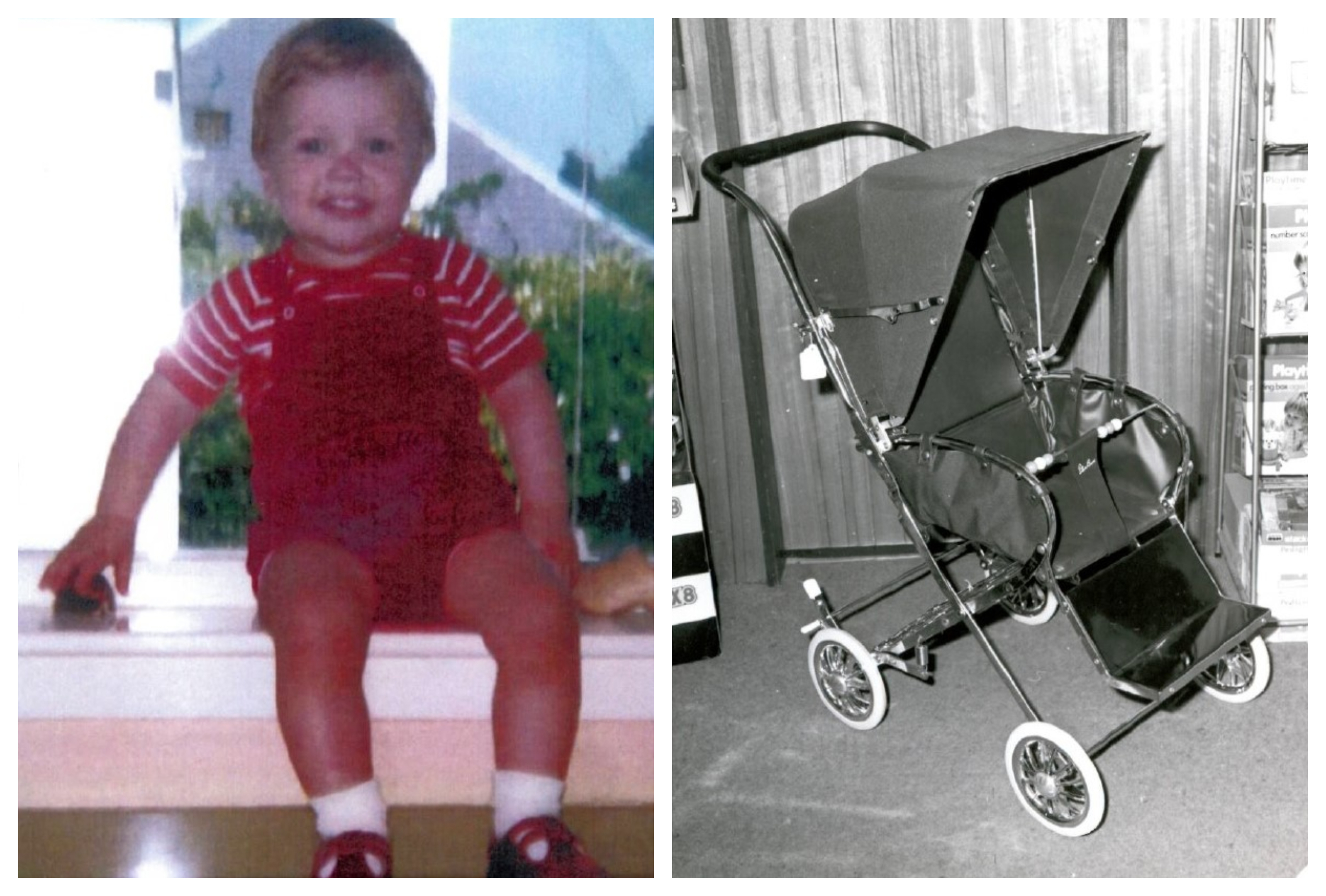 Andrew Macrae and a pram similar to the one that was never recovered.