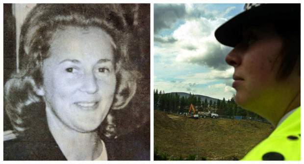 Renee Macrae (left) and a police officer during a previous search of Dalmagarry quarry off the A9.