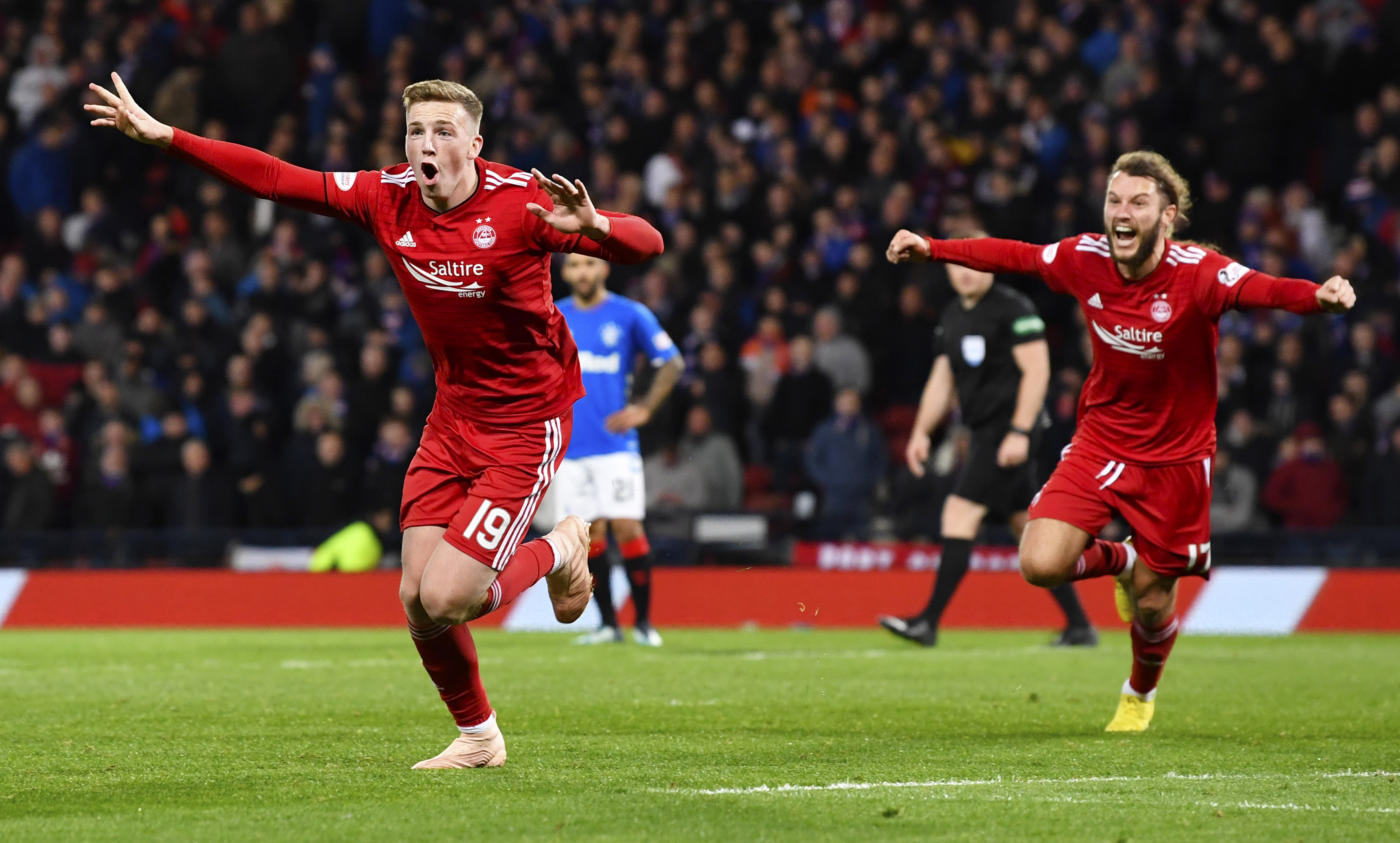 Lewis Ferguson celebrates his goal against Rangers in the League Cup semi-final.