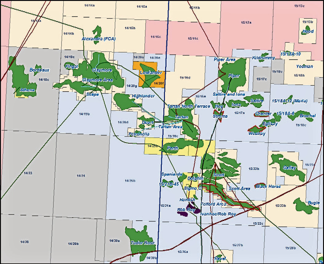 1. A map of the oil fields around the Greater Perth Area. Note that Parkmead also holds 100% of the Polecat and Marten oil fields which are situated just off to the south of this map. Buzzard and Golden Eagle (both Nexen operated) are just off to the south west of the map.