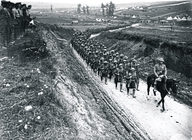 2nd Battalion Gordon Highlanders marching to the trenches along the Becordel-Fricourt Road.