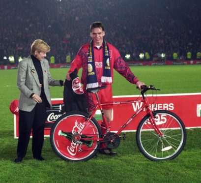 Stephen Glass with his bicycle for being named man-of-the-match in the 1995 League Cup final.
