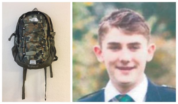 Liam Smith, right, and, left, the rucksack he was wearing when he was last seen.