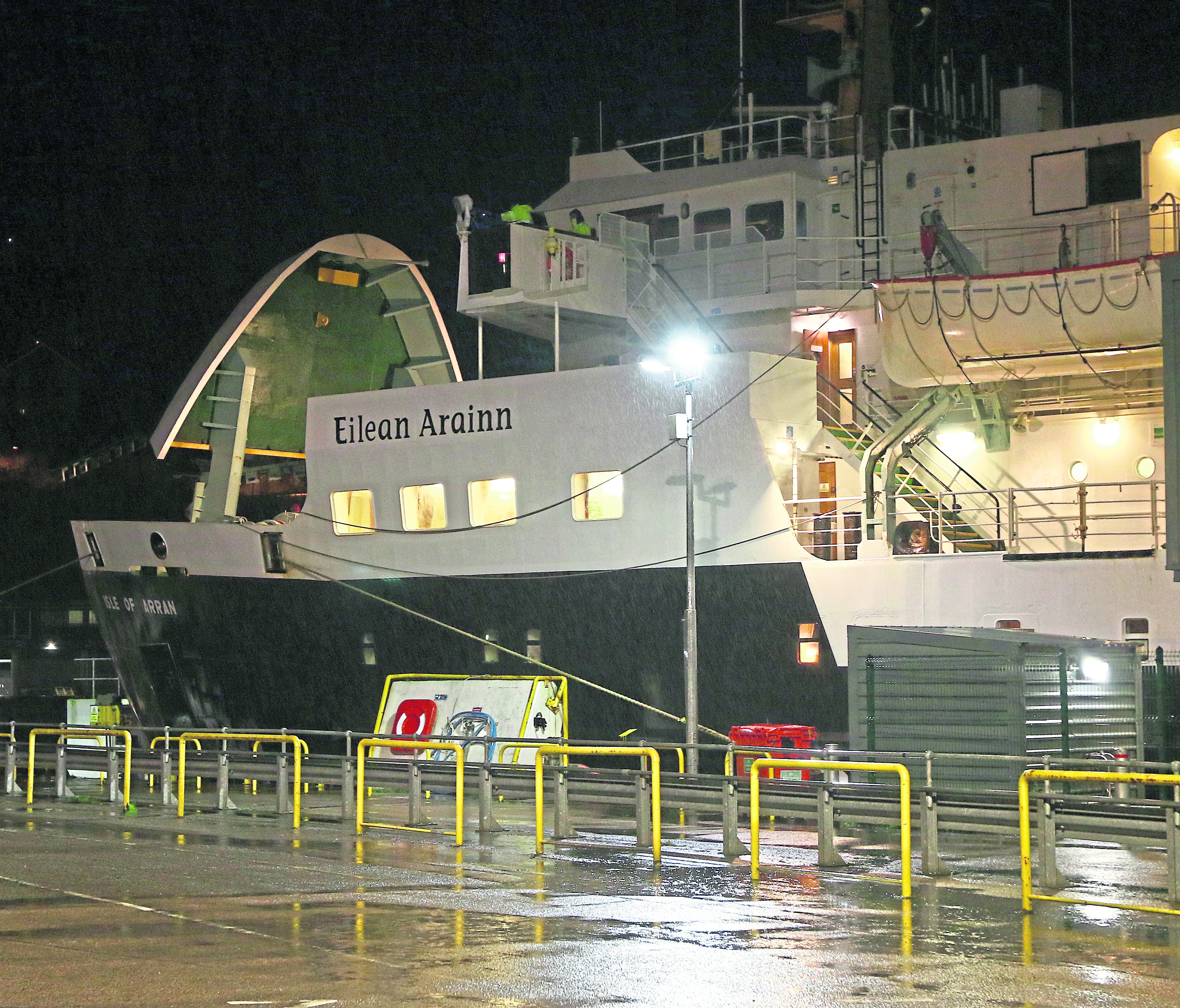 MV Isle of Arran ties up at the linkspan after problems with the bad weather. Picture by Kevin McGlynn.