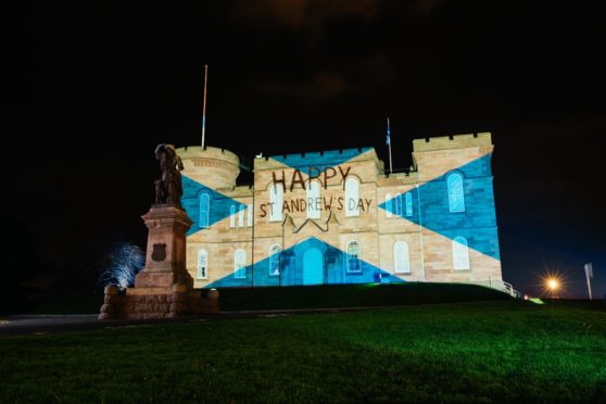 Inverness Castle is lit up for St Andrew's Day.