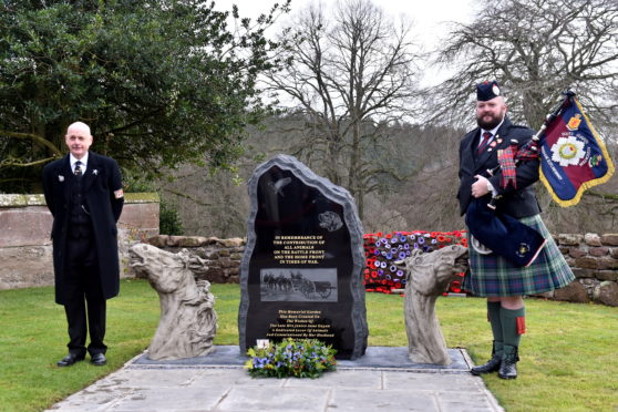 Delgatie Castle, Graham Guyan's late wife memorial, 17th November 2018.

Pictured is Graham Guyan (L) and a piper at todays ceremony.

Picture by Scott Baxter