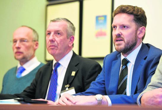 (L-R) Former senior radiologist Alistair Todd, MSP David Stewart and Dr Iain Kennedy.