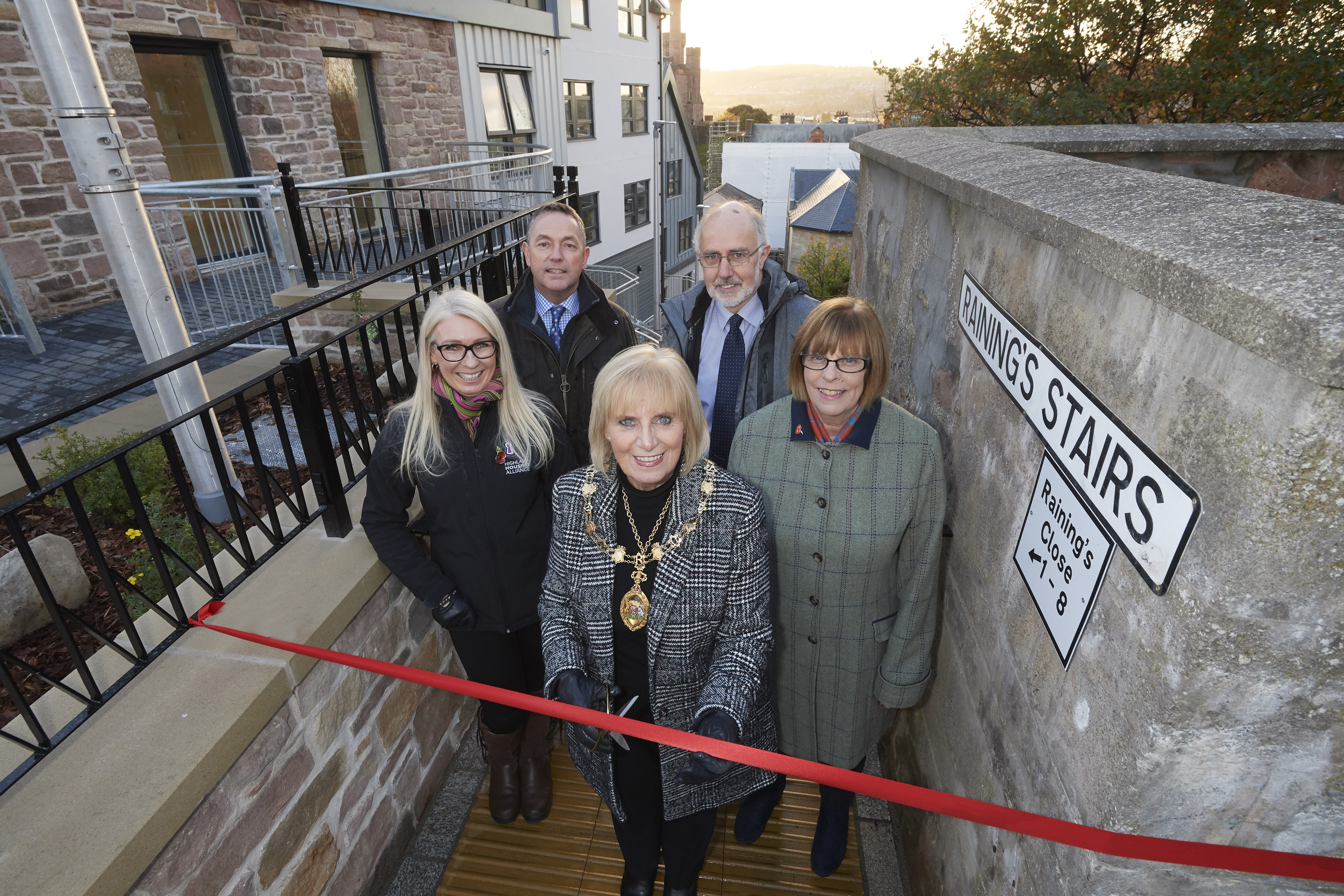 Provost Helen Carmichael cut the ribbon to signify completion of the raining stairs development.