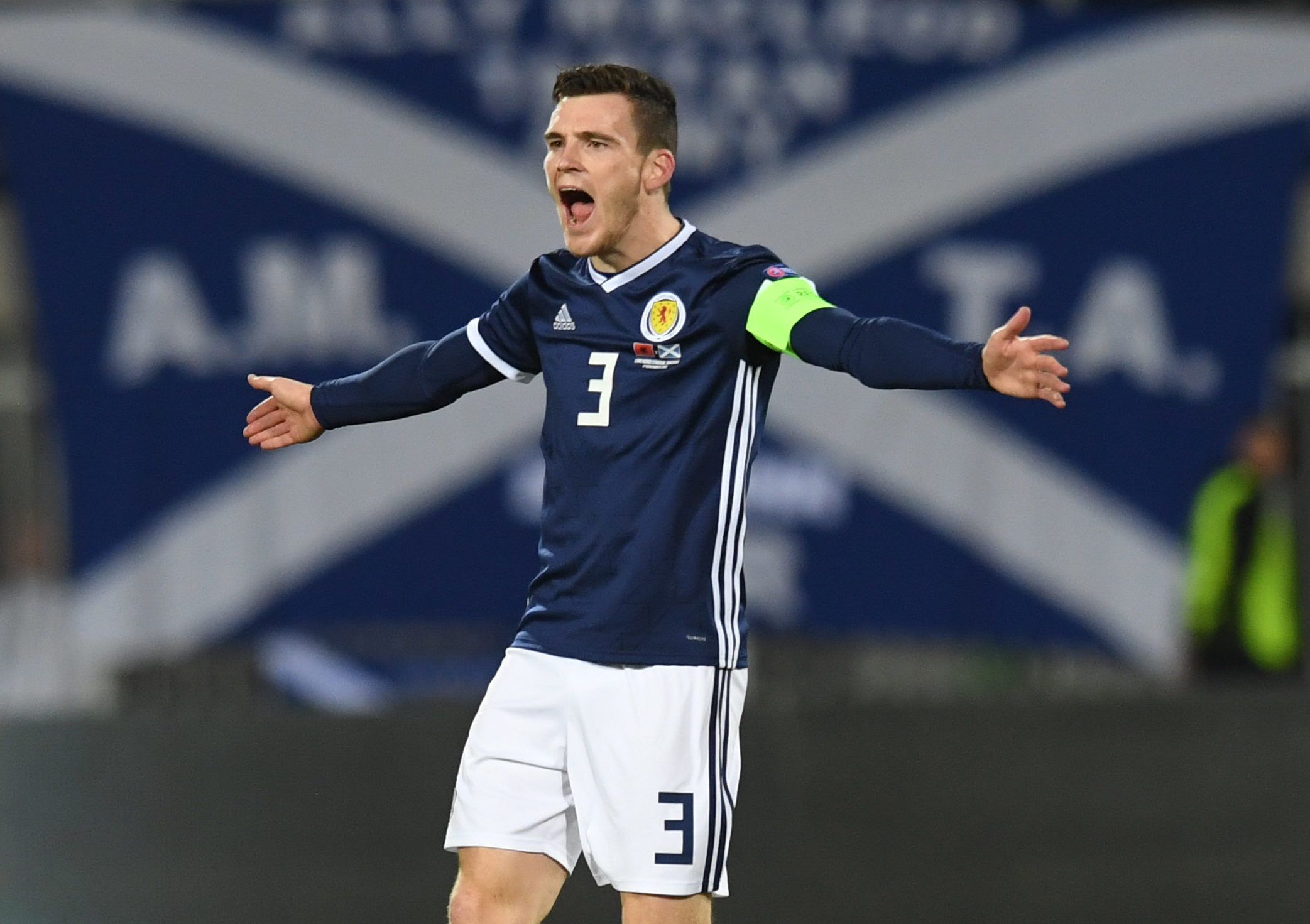 Andy Robertson in action for Scotland against Albania.