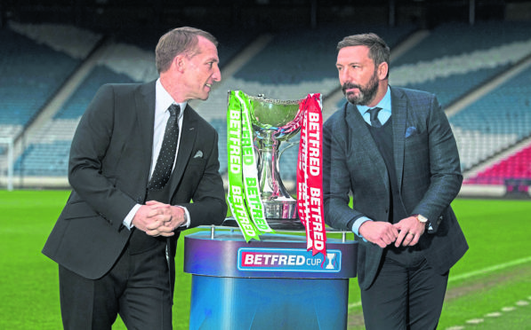 Celtic manager Brendan Rodgers (L) and Aberdeen manager Derek McInnes preview the Betfred Cup final this weekend.