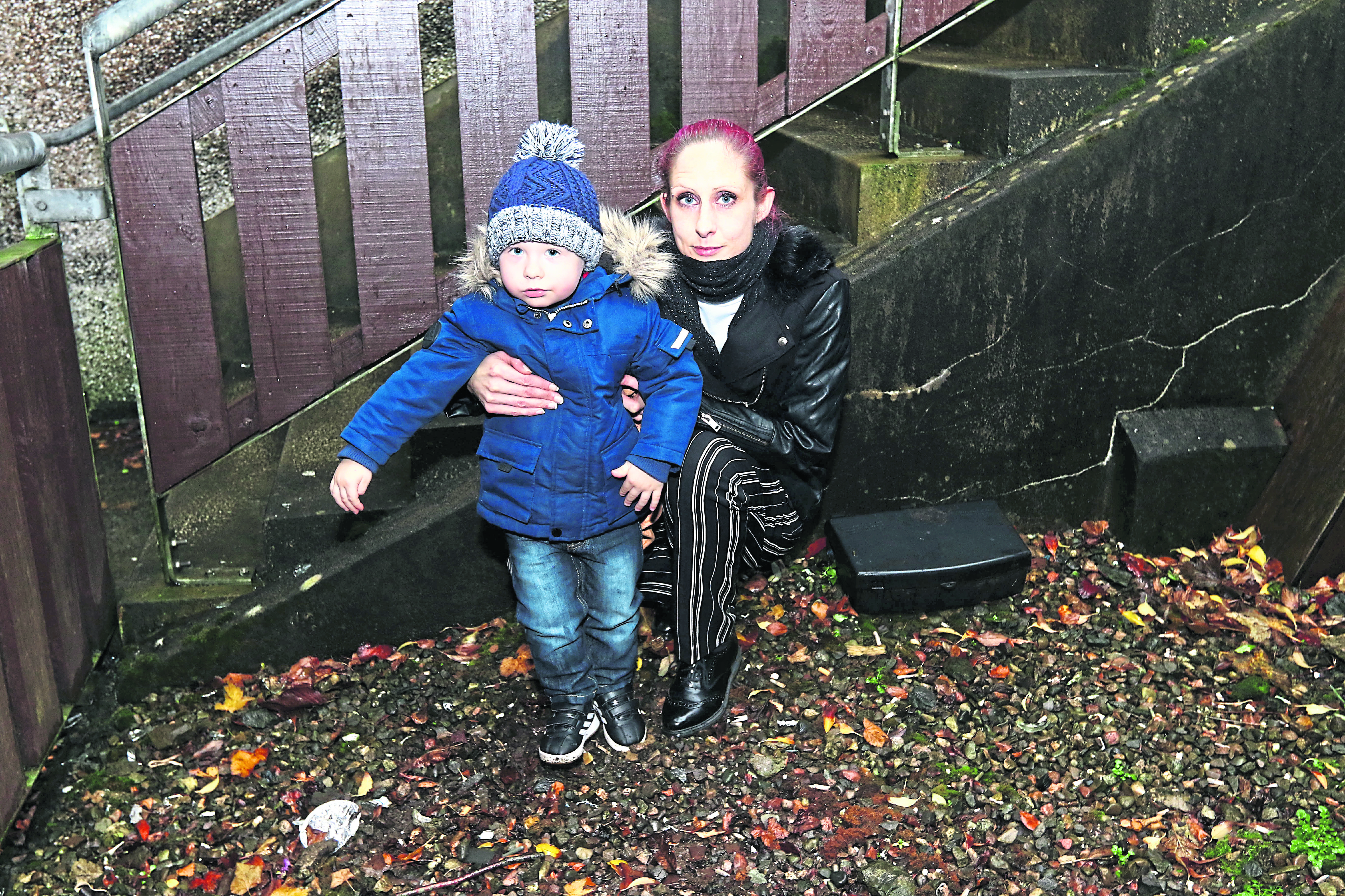 Alison McKnight and her son David Laird 2 near the rat traps at her home.