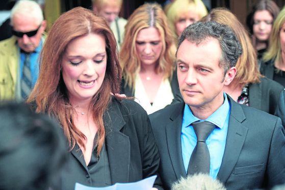 Fiona Drouet, outside Aberdeen Sheriff Court with husband Germain,