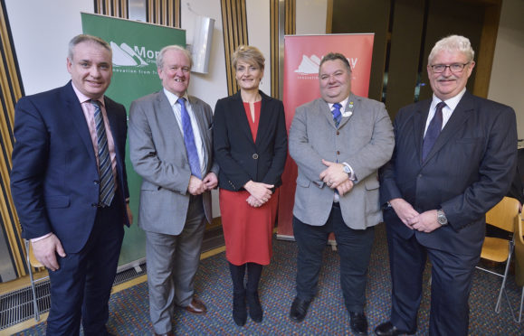 Pictured:  Richard Lochhead MSP, Stewart Stevenson MSP, Rhona Gunn, director for economic development at Moray Council, Moray Council leader Graham Leadbitter, Michael Urquhart, chairman of Moray Growth Deal Business Assembly.