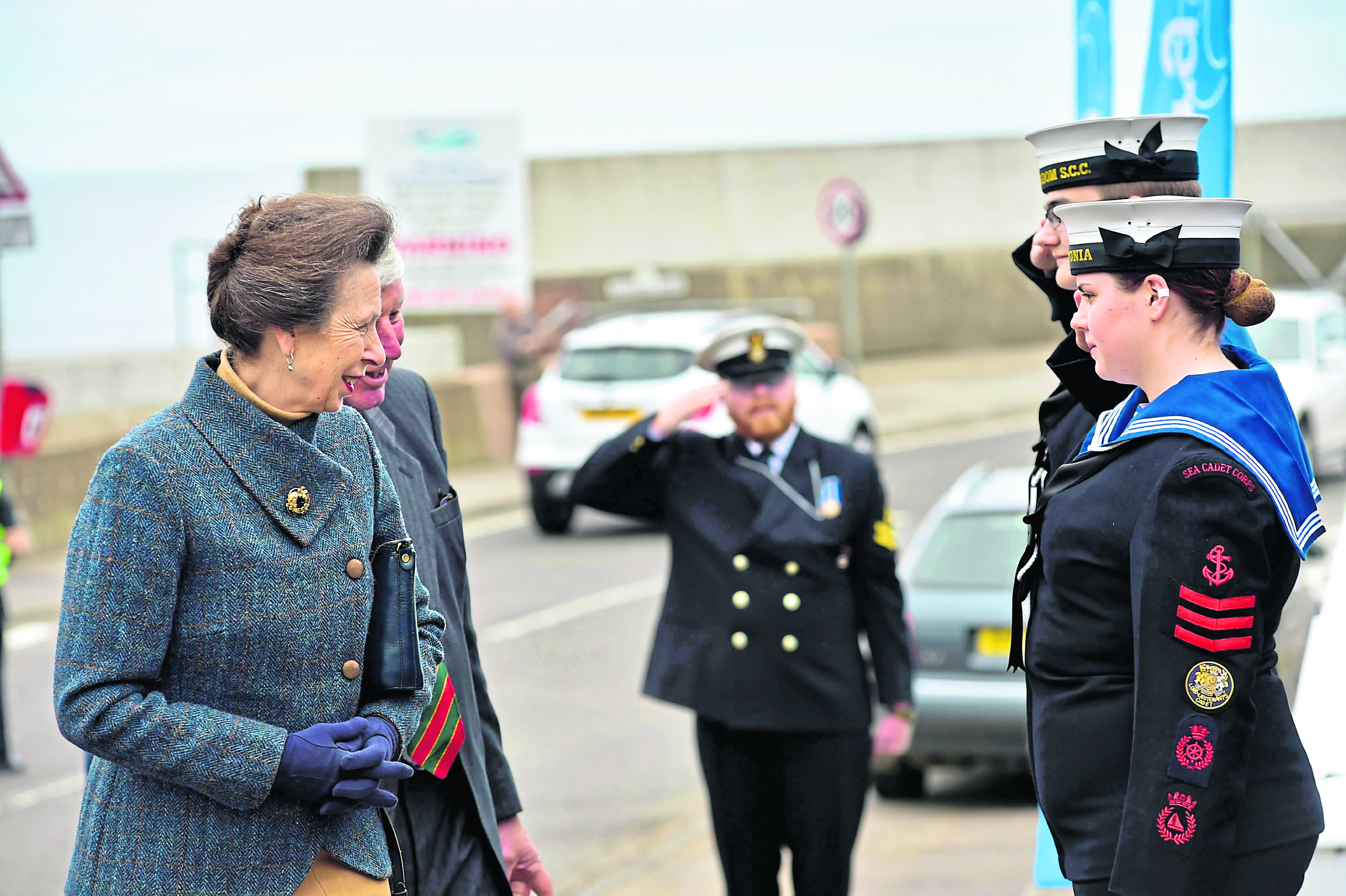 Princess Anne escorted by Lord Lieutenant James Ingleby meets Peterhead sea cadets Kyle Buchan and Isla Strachan
