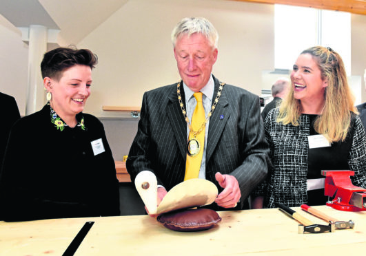 Lord Provost Bill Howatson with Kate Pickering (left) and Megan Falconer.