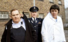 Ronnie Barker, Richard Beckinsale and Fulton Mackay during location shooting for the film version of their TV series "Porridge" at Chelmsford Jail.