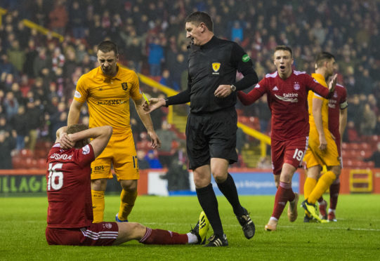 Sam Cosgrove was booked for diving by referee Craig Thomson.