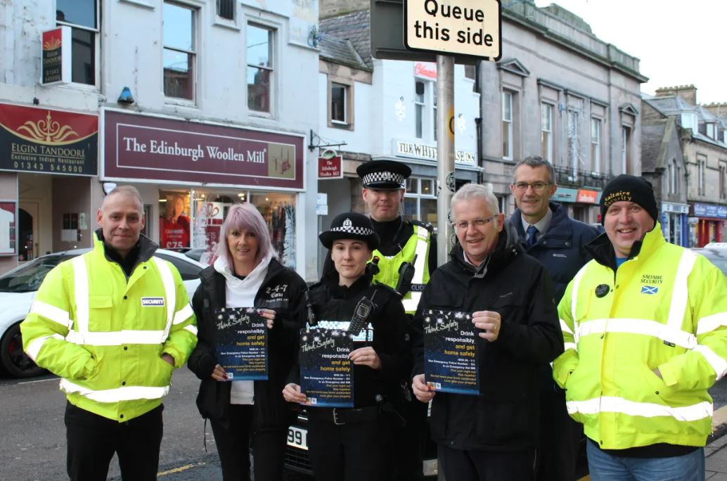 Brent Johnson, Saltaire Security; Moira Spence, 2-4-7 Cars; Constable Lisa Short; Constable Gary Campbell; Moray Council’s Community Safety Officer Willie Findlay; Constable Chris Page and Steven Robertson, Saltaire Security.