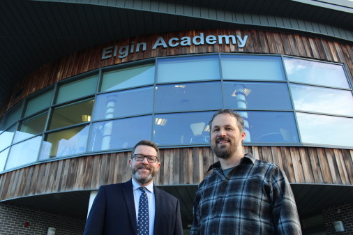 Elgin Academy Headteacher David Barnett (left) with Gregor Dobson, ex-pupil now You Tube's head of music