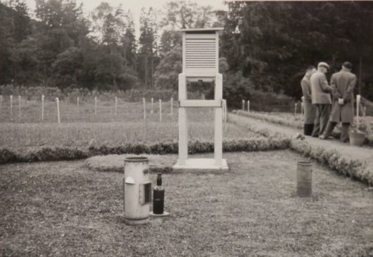 Balmoral kitchen garden site in April 1952 showing the Stevenson Screen and rain gauges. (The Met Office)