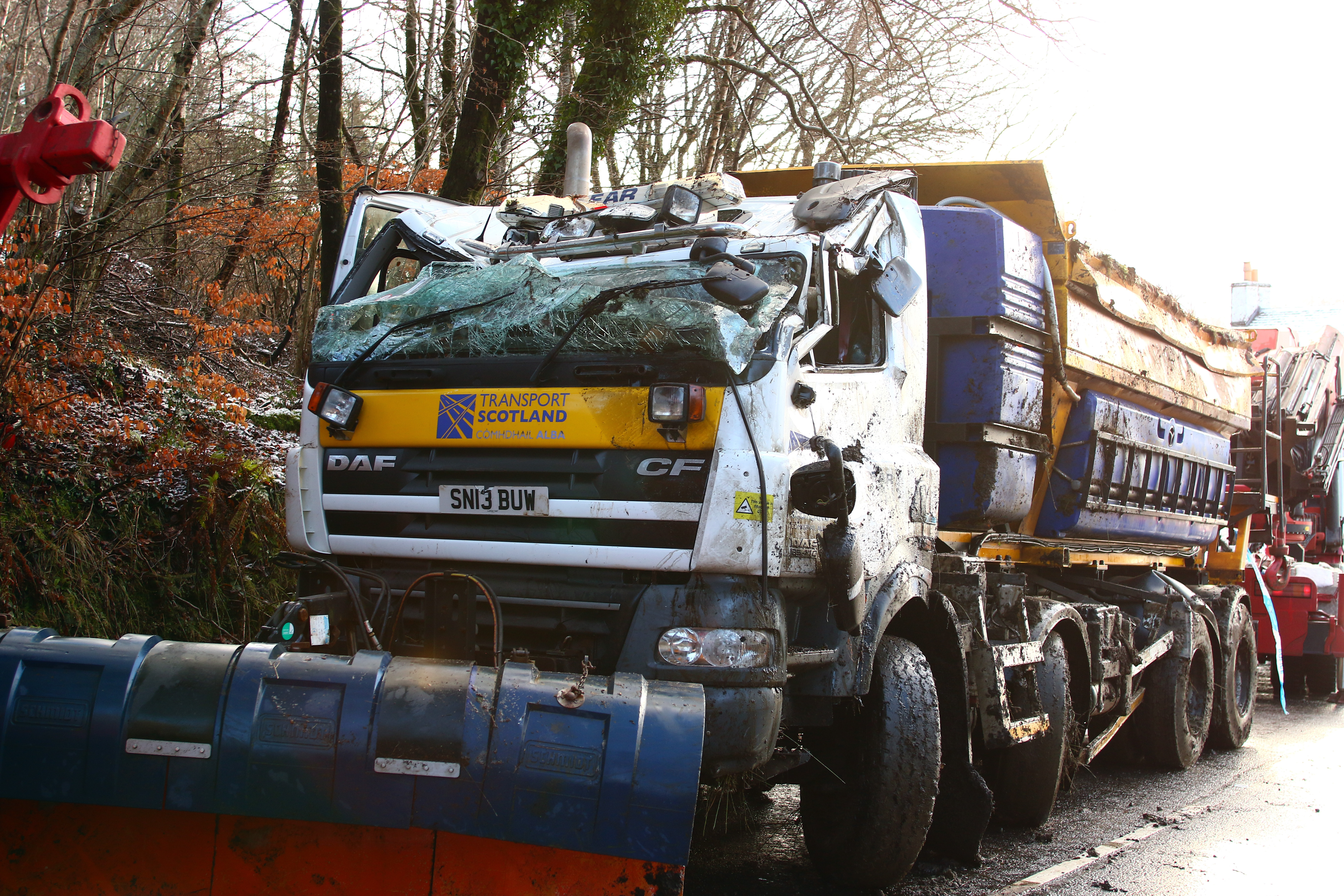 The gritter after being recovered from the side of the road near to the Old Inn in Appin