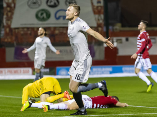 Aberdeen's Sam Cosgrove celebrates his second goal against Hamilton.