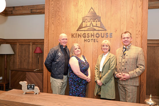 Left to right:  Kingshouse Hotel general manager Craig Haddow and guest services manager Jessie Cattanach with Fiona Leckie, head of interiors and retail at the Crieff Hydro Family of Hotels and group chief executive Stephen Leckie