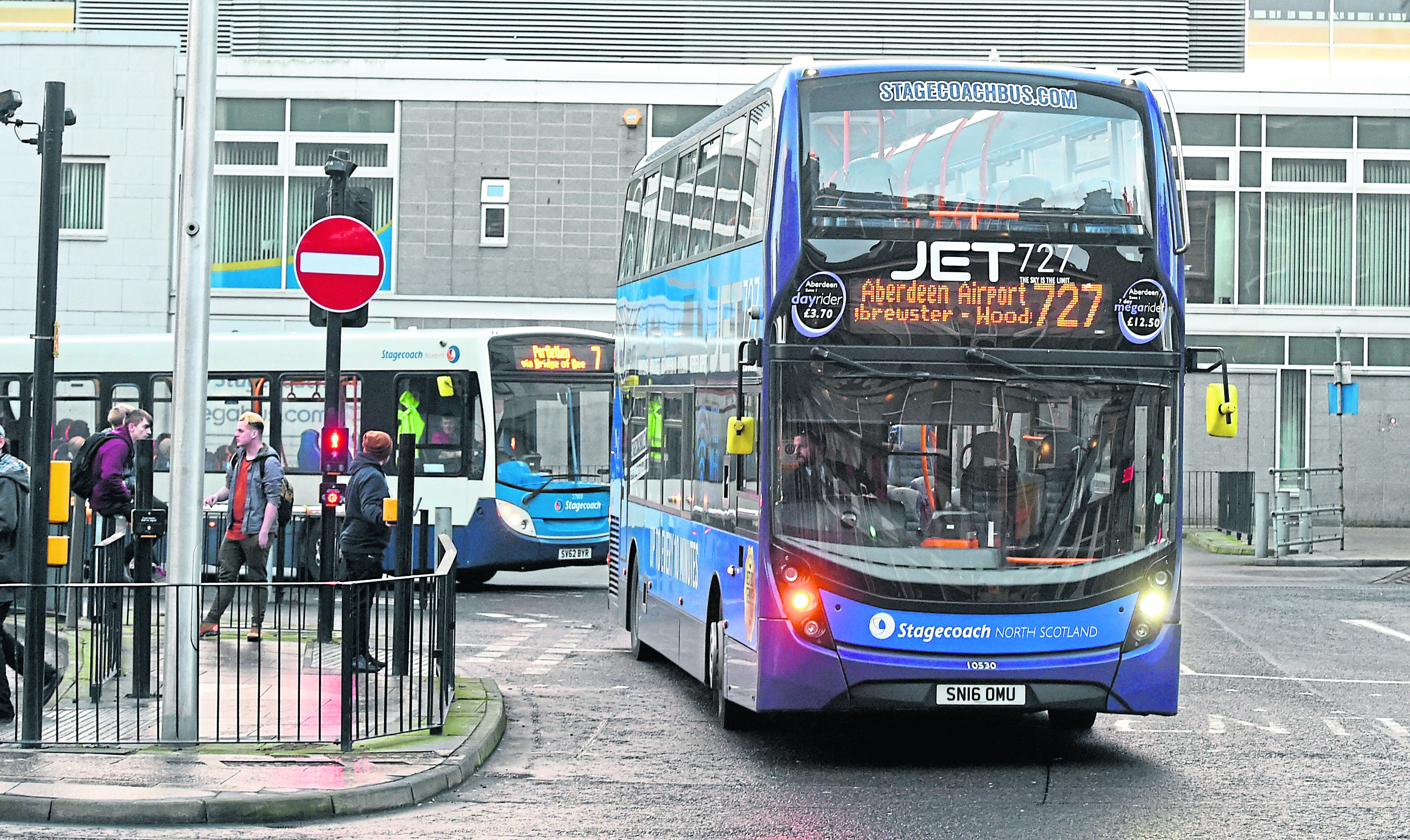The 727 bus leaves Aberdeen bus station to get to the airport at Dyce, Aberdeen.