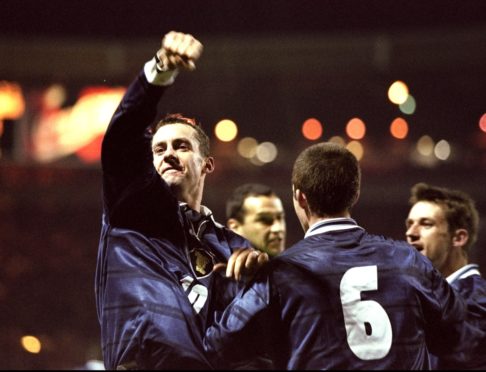 Don Hutchison #10 celebrates his 39th minute goal for Scotland during the Euro 2000 play-off second leg match against England at Wembley Stadium. Picture by Ben Radford/Allsport