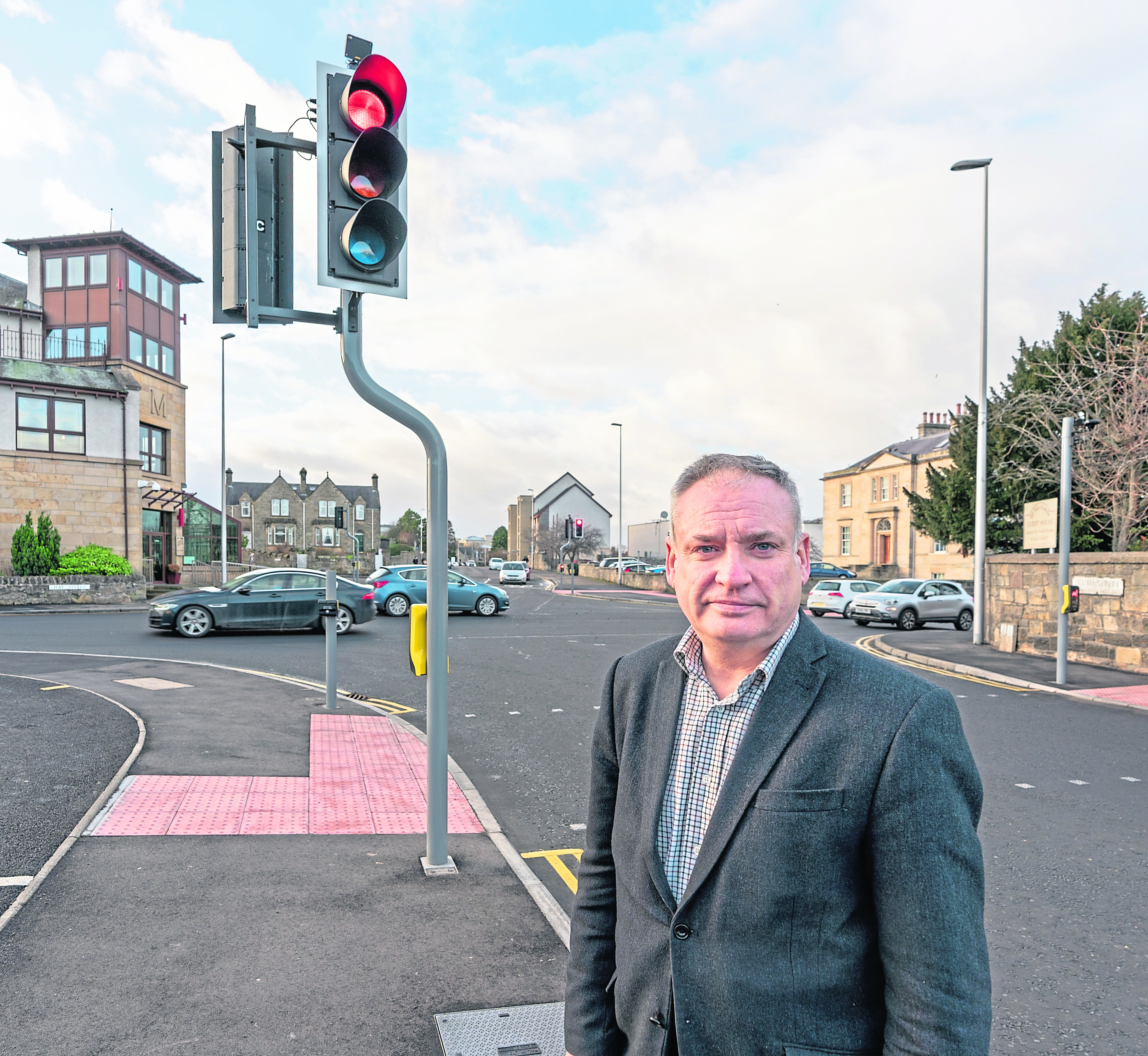 Richard Lochhead at the Traffic Light junction of South Street and A941 Northfield Terrace, Elgin, Moray, Scotland.