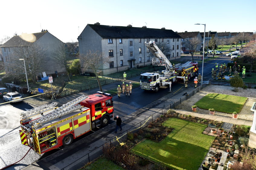 Scottish Fire and Rescue Service at the scene of a house fire on Mastrick Road, Aberdeen.