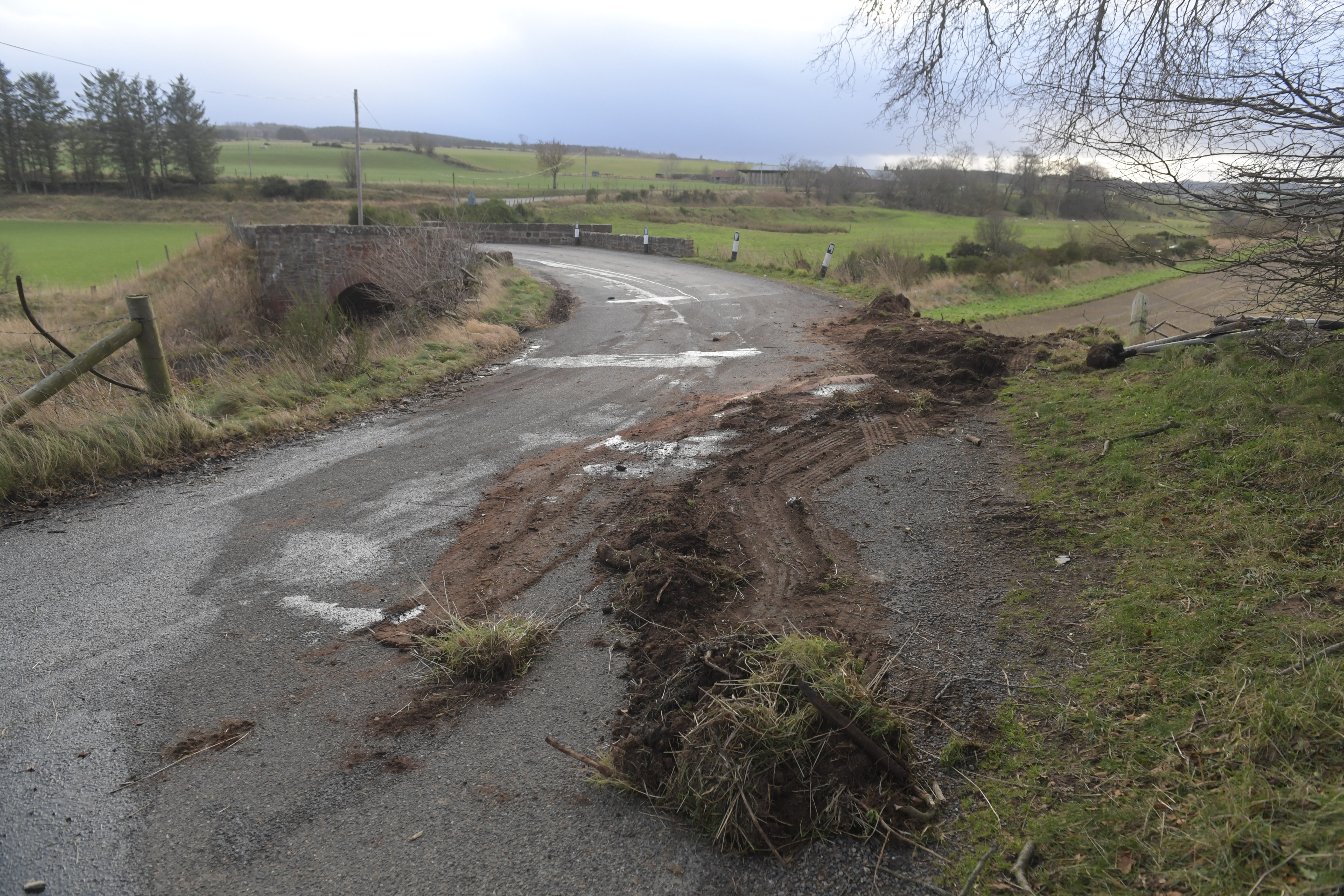The location showing where a school bus came off the road on the B9170 near Turriff. Picture by Kath Flannery