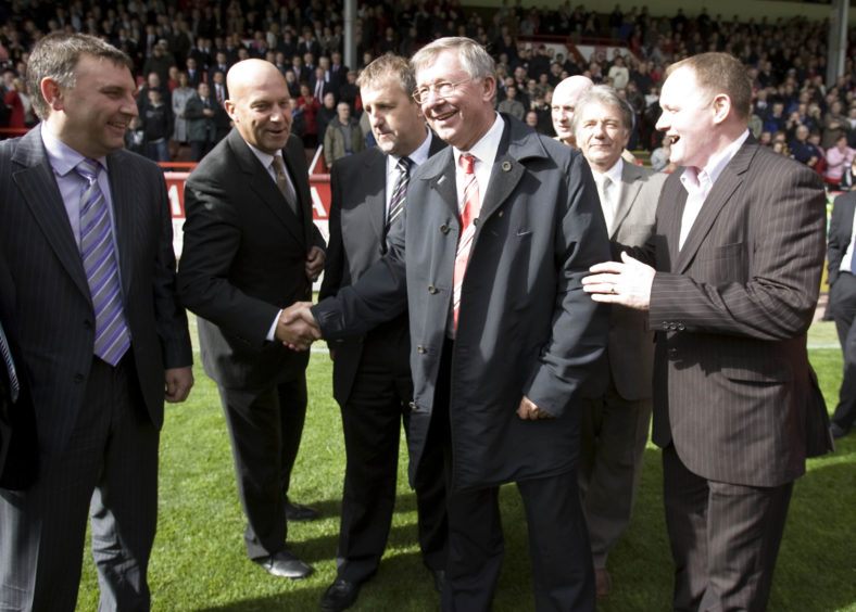 Sir Alex Ferguson is reunited with members of the 1983 European Cup Winners' Cup team in 2008. From left: John Hewitt, Neale Cooper, Peter Weir, Bryan Gunn, Stuart Kennedy and John McMaster.