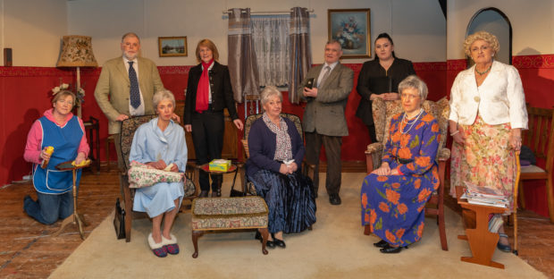 This is the cast of the Theatre company LADS  murder mystery show in two acts called "Annie, One, Two, Three” by David Summers.  The cast are, Martha - Anne McMullen, Mary - Charlotte Mountain, Miriam - Estelle Buchanan, Alison - Bery Duncan, Eric - Douglas Clark, Patricia - Alison Miller, Det Inspector Williams - Stewart Friendship, Det Constable Marsham - Sasha Richards and Ruby Penrose - Lynda Bates.