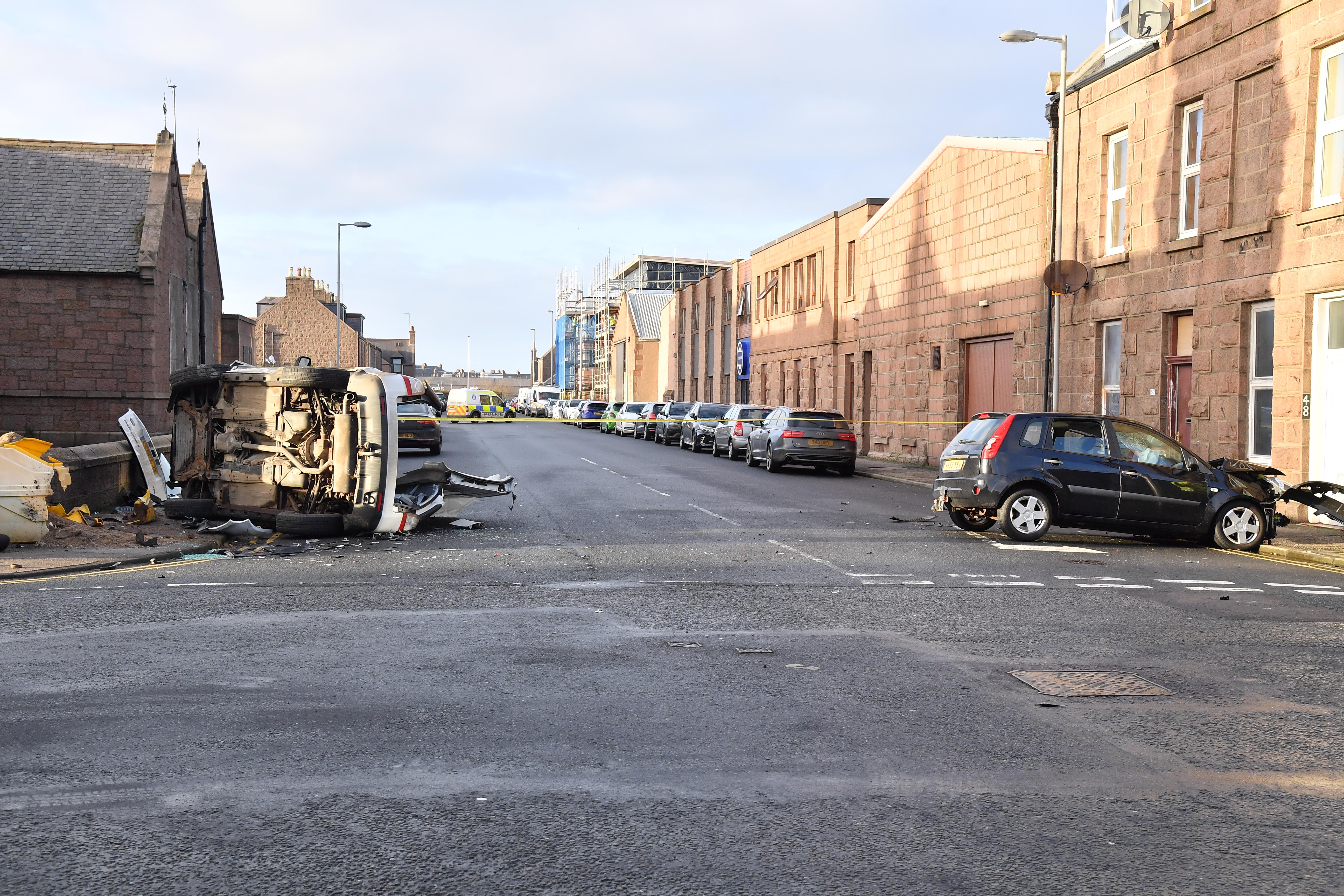 The scene of the crash at the junction of King Street and Windmill Street, Peterhead.  Picture by Duncan Brown.