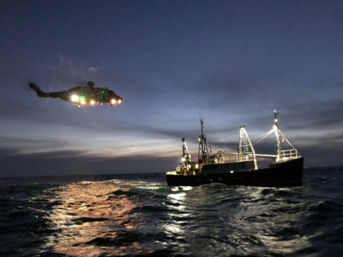 This is a scene from the Medical Rescue from the Fishing Vessel, Ranger, North of Macduff, Aberdeenshire, Scotland. It is understood that a crewman may have taken a stroke onboard. He was airlifted to Hospital by the Coastaguard Helicopter. This incident took place on Friday 18 January 2019.