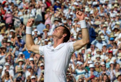 Sheer delight on the face of Andy Murray after clinching a straight sets victory over Novak Djokovic to win Wimbledon