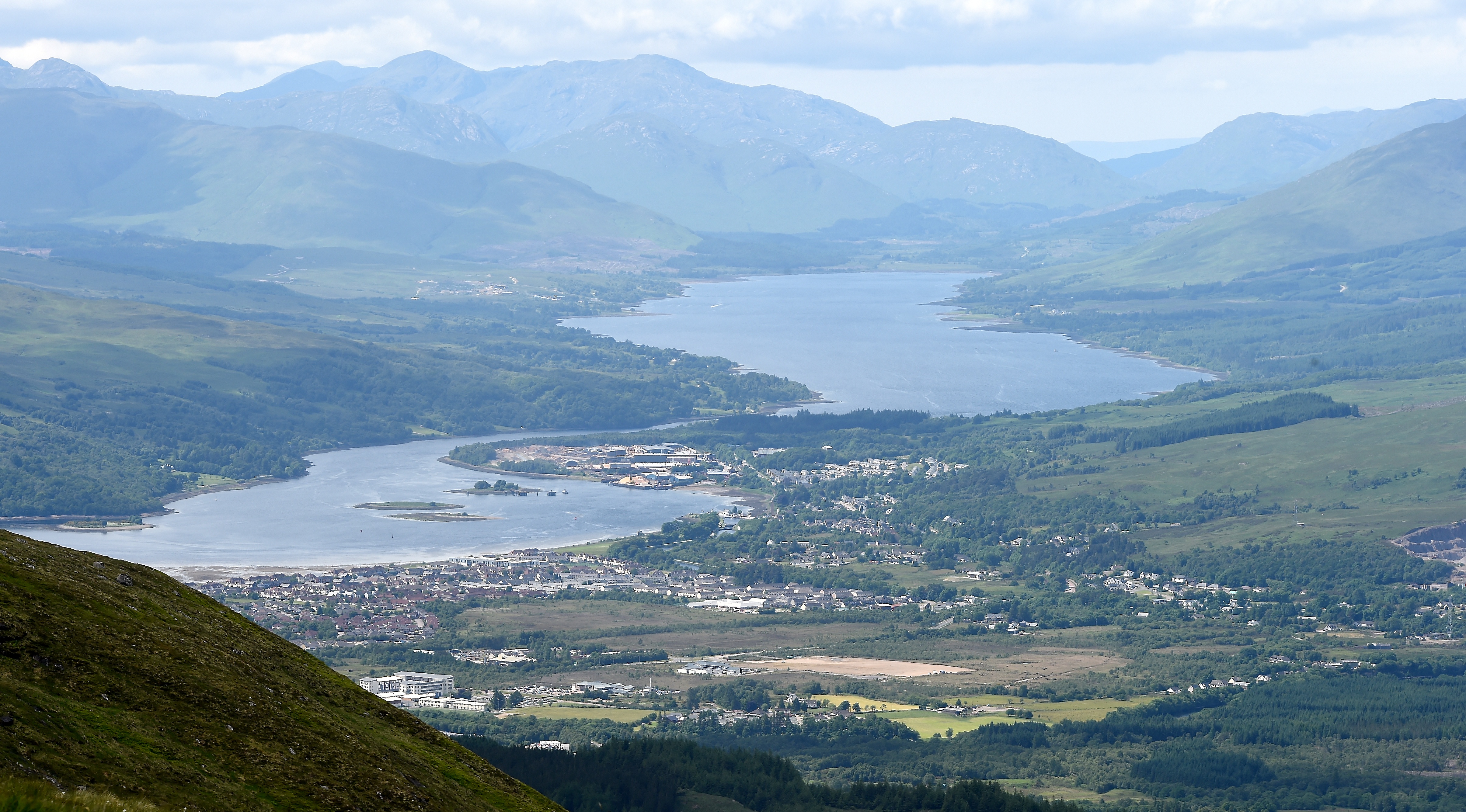Scottish Highlands: Fort William, Loch Linnhe (left) with the village of Caol and then Loch Eil in the distance. Lochaber spotted in the bottom left