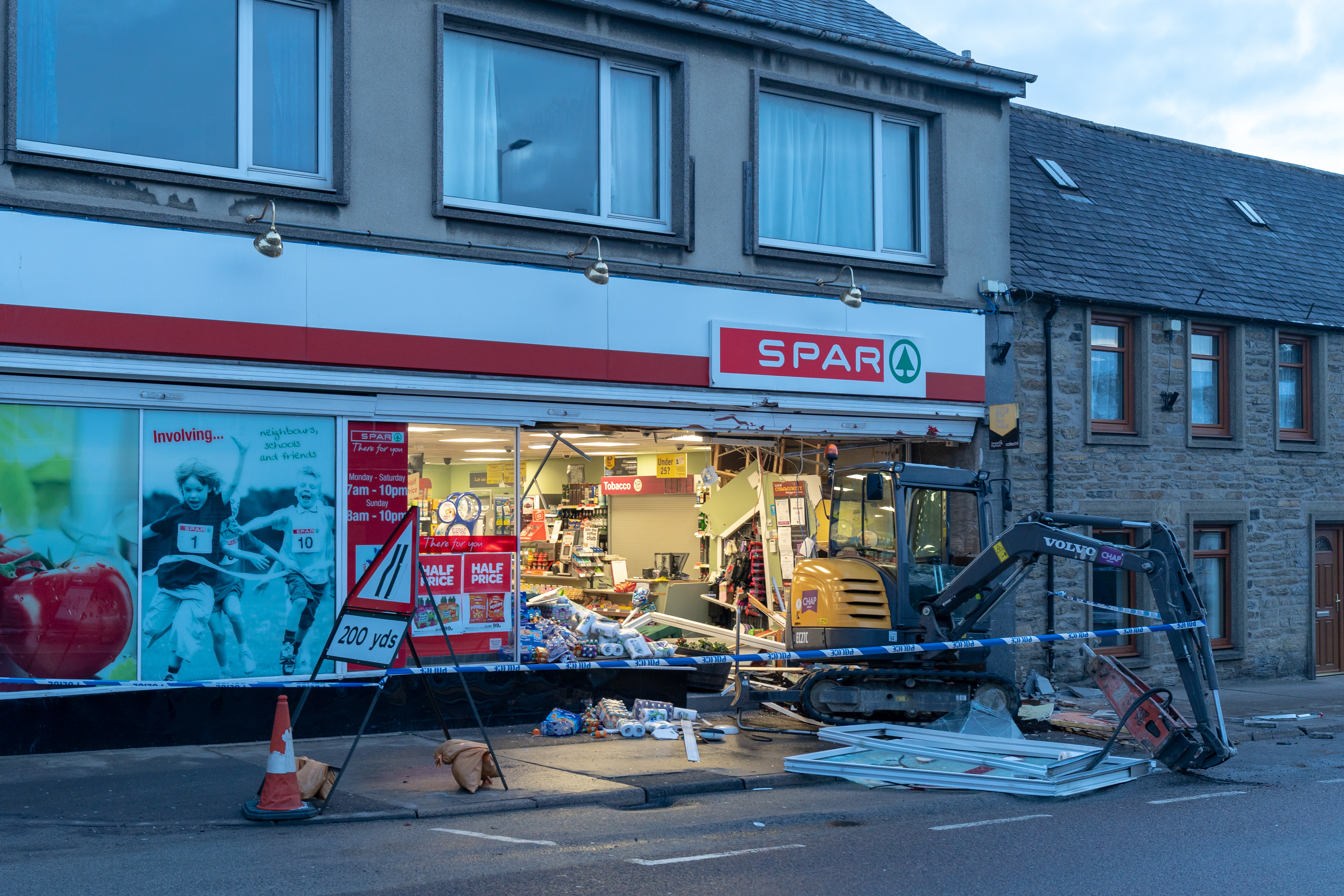 A digger was rammed into the Spar premises in Regent Street, Keith.