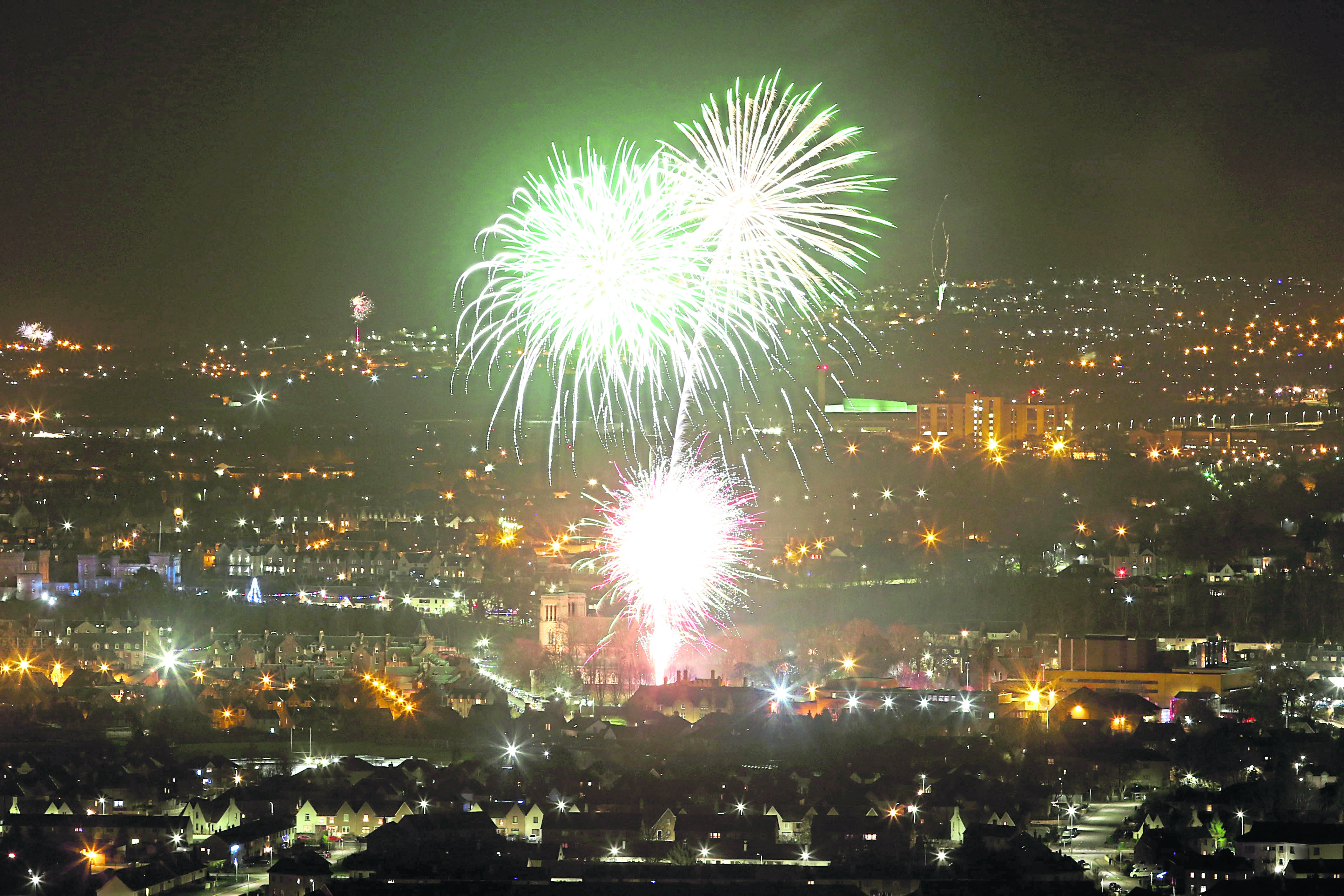 The sky over Inverness is dominated by fireworks to mark the New Year.