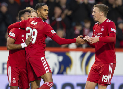 Aberdeen's Max Lowe celebrates his goal.