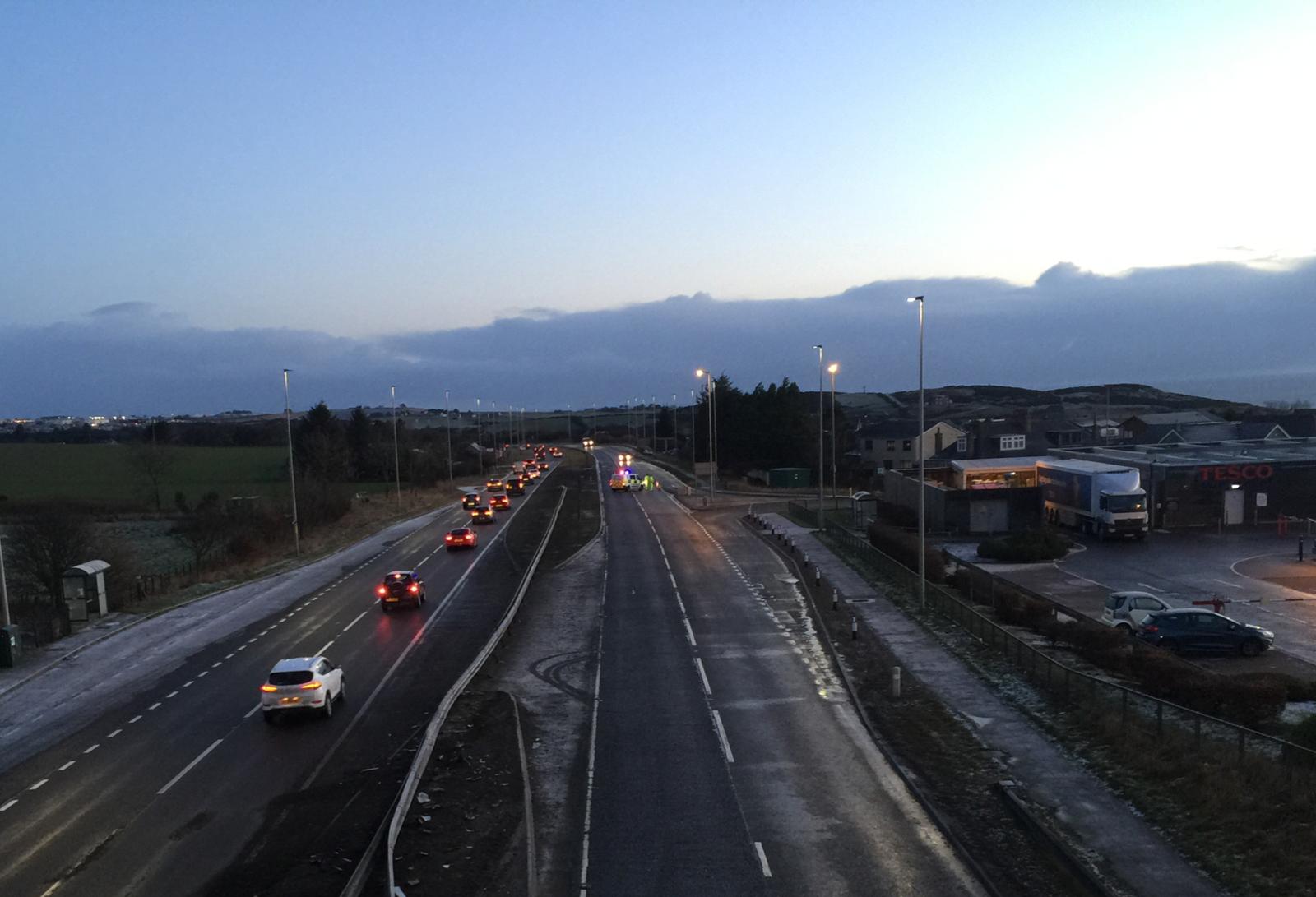 The scene on the A92 at 8.25am. Picture by Joe Churcher.