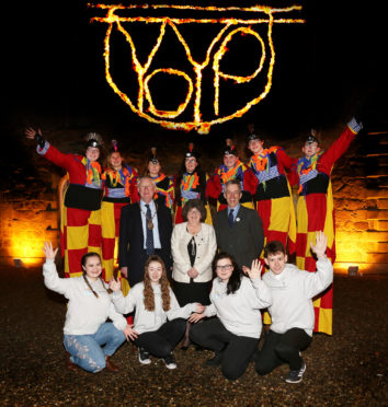 Year of Young People (YOYP18) launch at Haddo House.
Picture shows (middle row, L to R) Aberdeenshire Lord Provost Bill Howatson, Councillor Gill Owen, and Aberdeenshire Council Chief Executive Jim Savage, with (front row, L to R) YOYP Ambassadors Chelsea Duncan (15), Eva Simpson (13), Nieve Birkett-Hodson (14) and Emil Harvey (17), with MODO Circus members (back row).
Picture Karen Murray/Firstpix