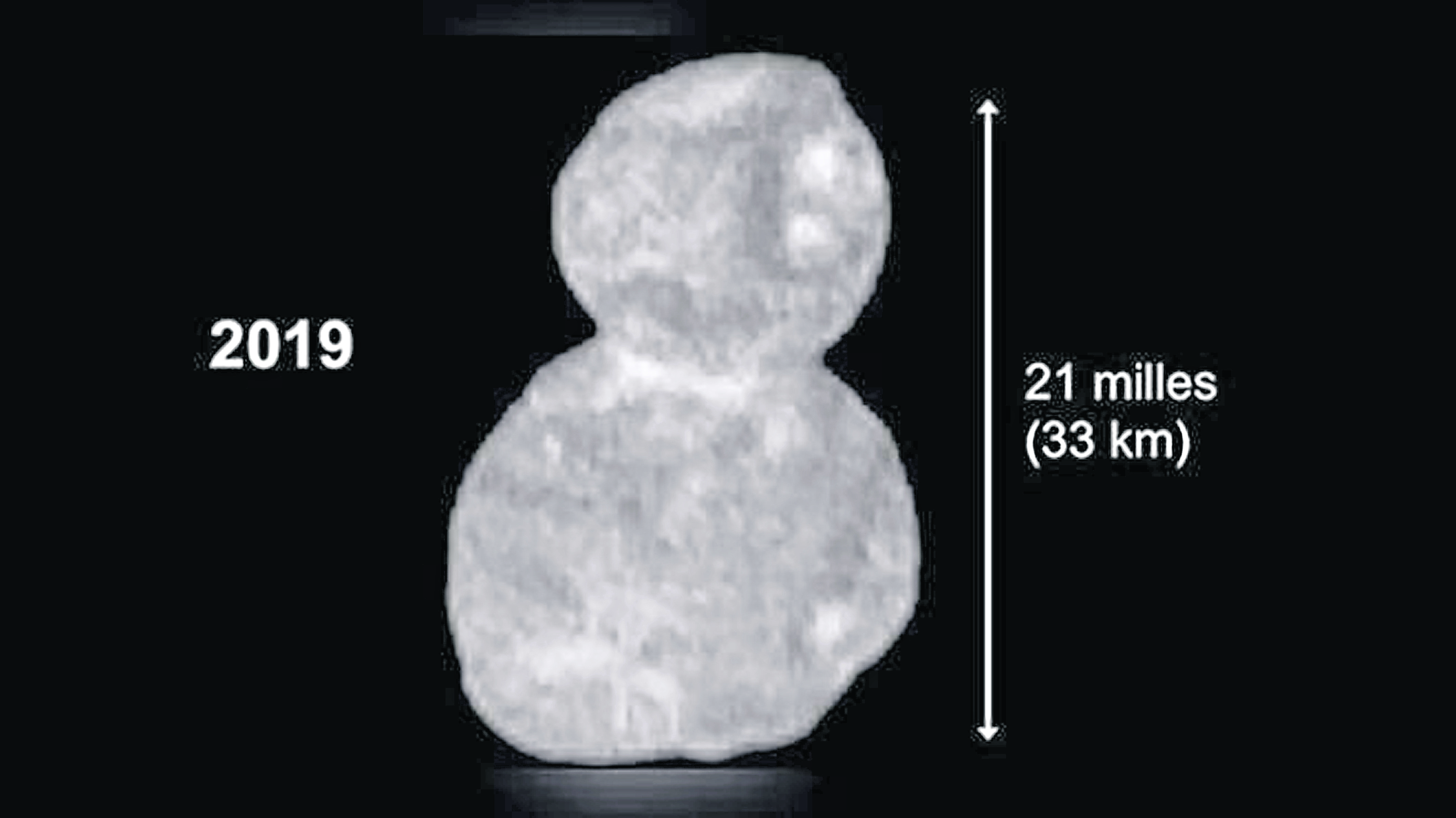 Photo issued by NASA of  Ultima Thule, a celestial object, formed of two spheres, around 21-miles tall, photographed by Nasa's New Horizons spacecraft. Photo credit: NASA/PA Wire