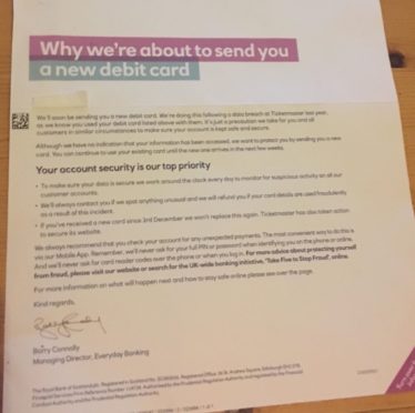 Letter posted to RBS customers about getting a new debit card following a cyber hack on Ticketmaster