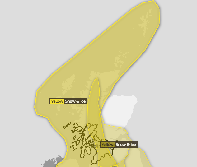 The weather warnings issued by the Met Office. The one covering the entire Highlands and islands begins at 3pm.