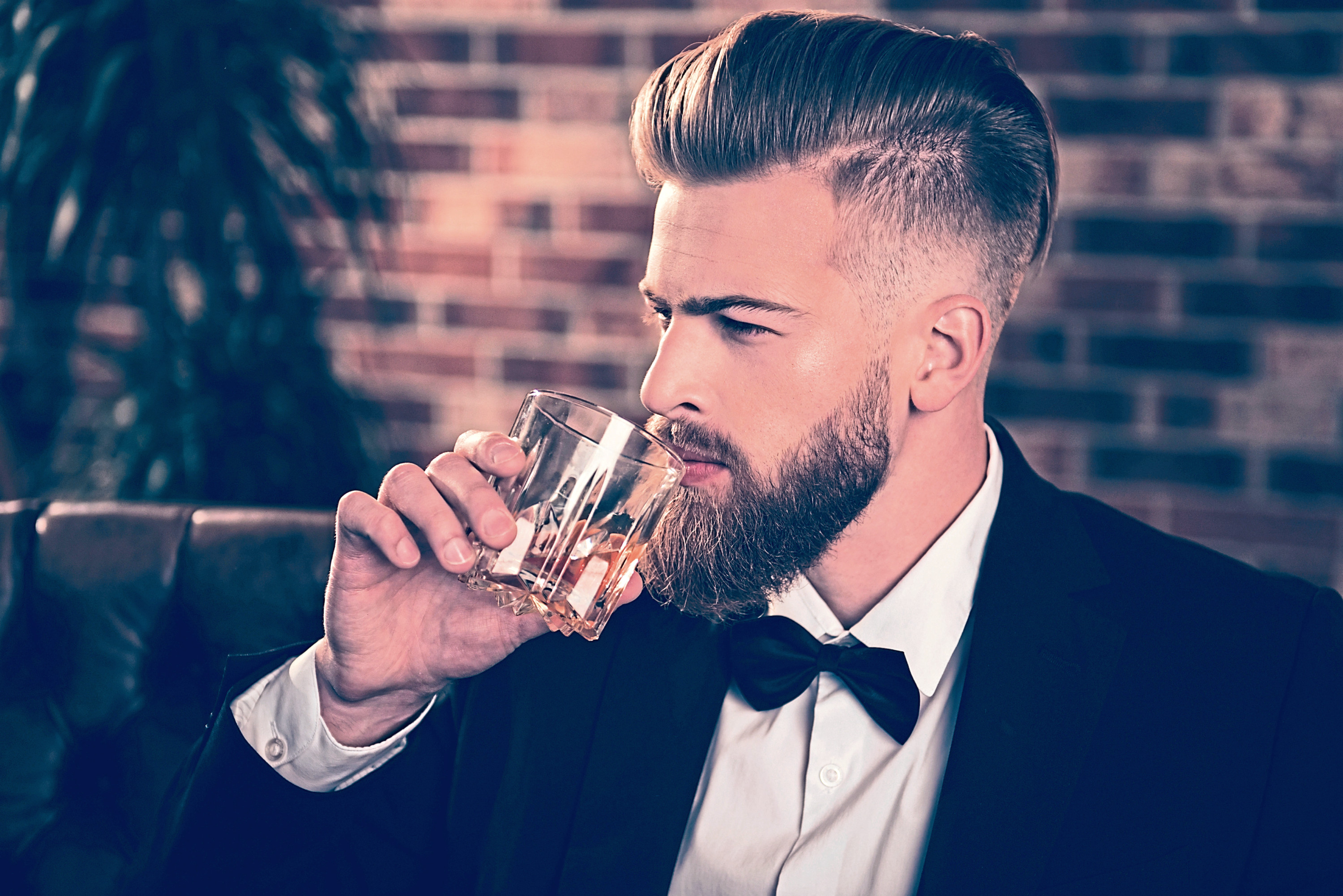 Side half-faced view portrait of masculine serious focused intelligent classy posh modern rich wealthy with trendy hairdo freelancer drinking expensive aged alcohol beverage brick wall is  background