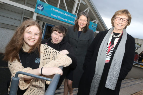 Pupils Logan Parker and Jake Weston, with Communities Secretary Aileen Campbell and Growning2gether director Diana Whitmore at Charleston Academy yesterday.