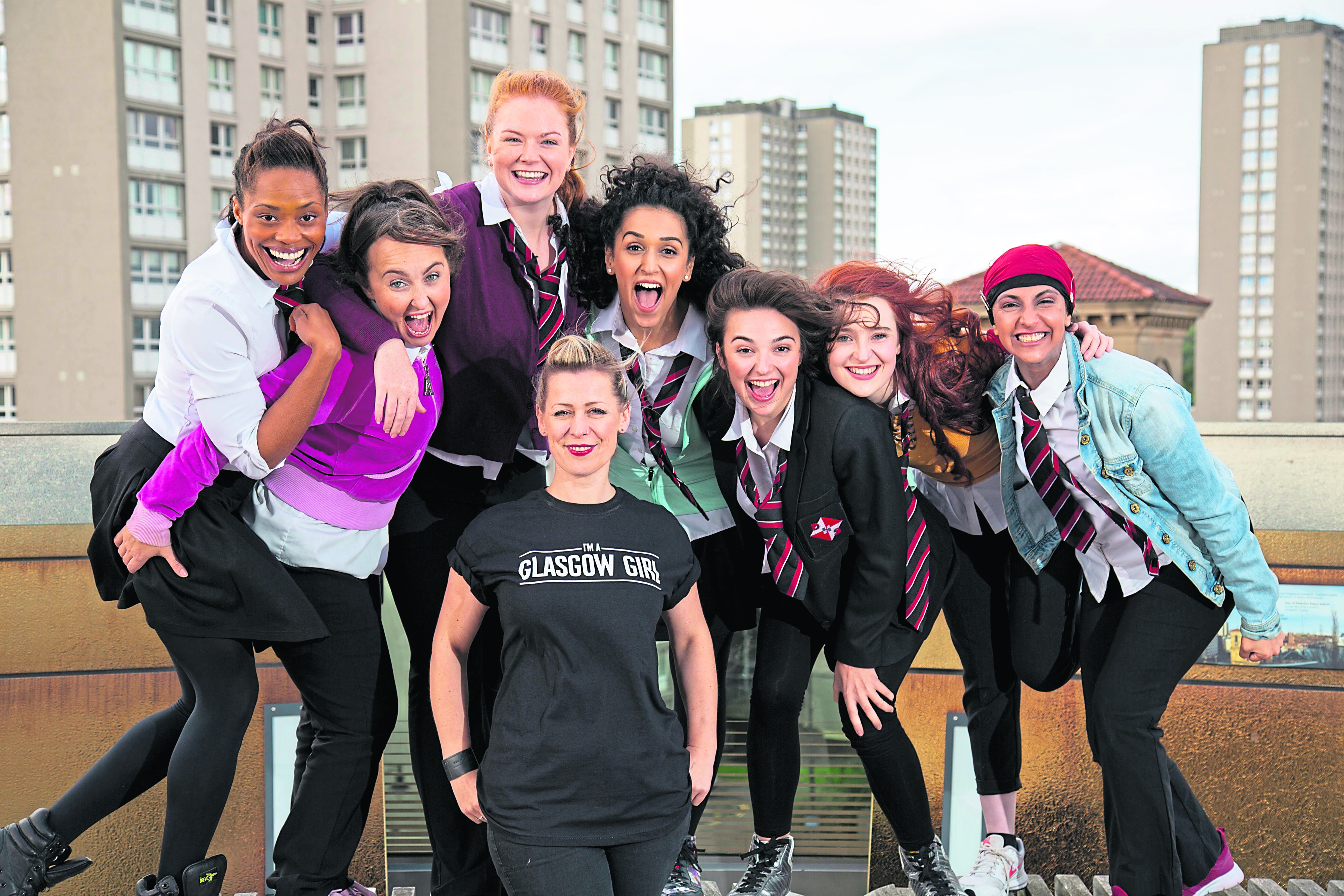 Glasgow Girls cast members, from left, Patricia Panther, Stephanie McGregor, Kara Swinney, Sophia Lewis, Chaira Sparks, Shannon Swan and Aryana Ramikhalawon.