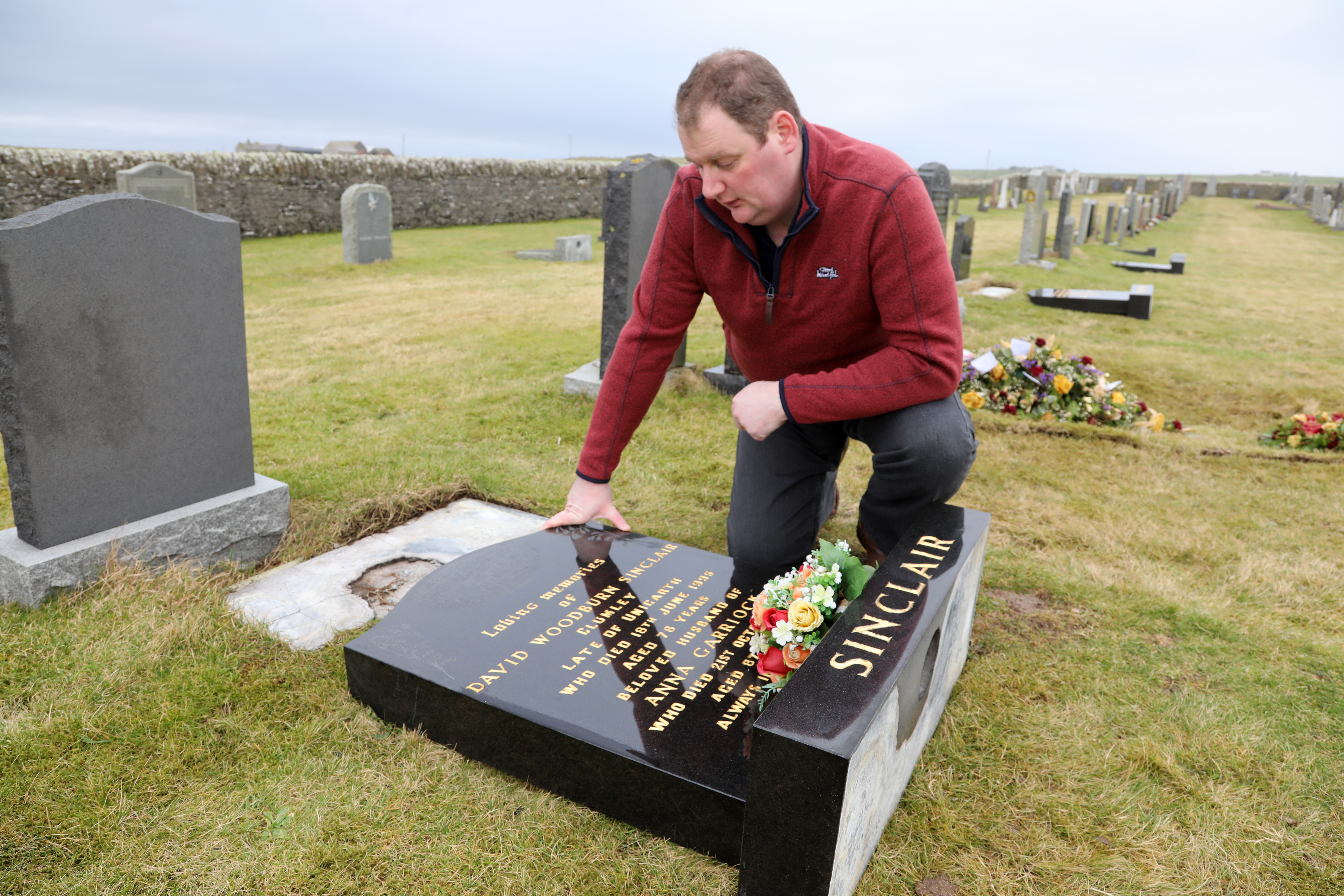 Grandson Steven Sinclair of David and Anna Sincliair who's grave stone was toppled on the instructions of the Orkney Islands Council as part of their Health and Safety concerns.